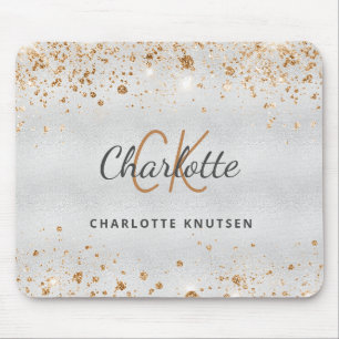 Silver gold glitter monogram name metallic mouse mat