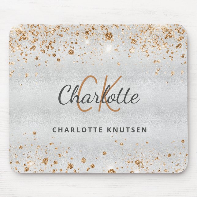 Silver gold glitter monogram name metallic mouse mat (Front)