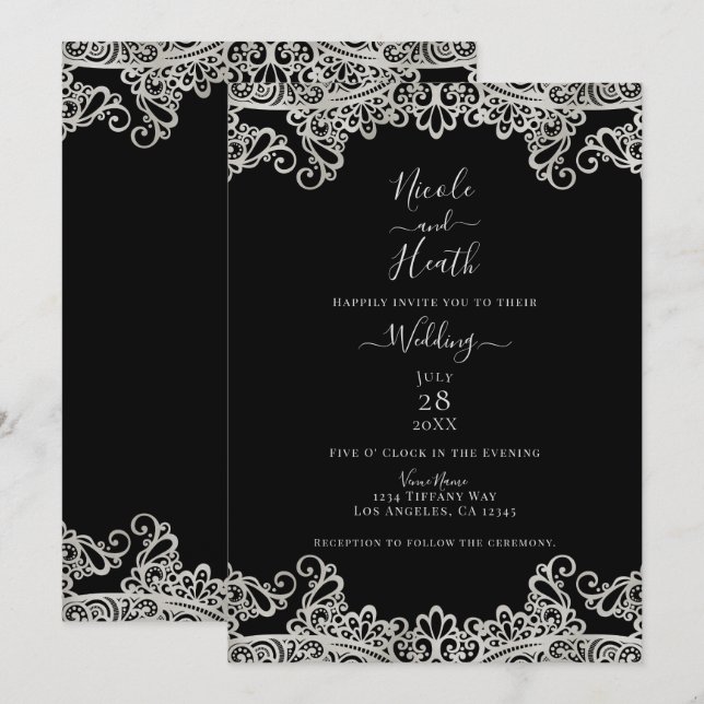 Silver & Gold Lace Elegant Wedding  Invitation (Front/Back)