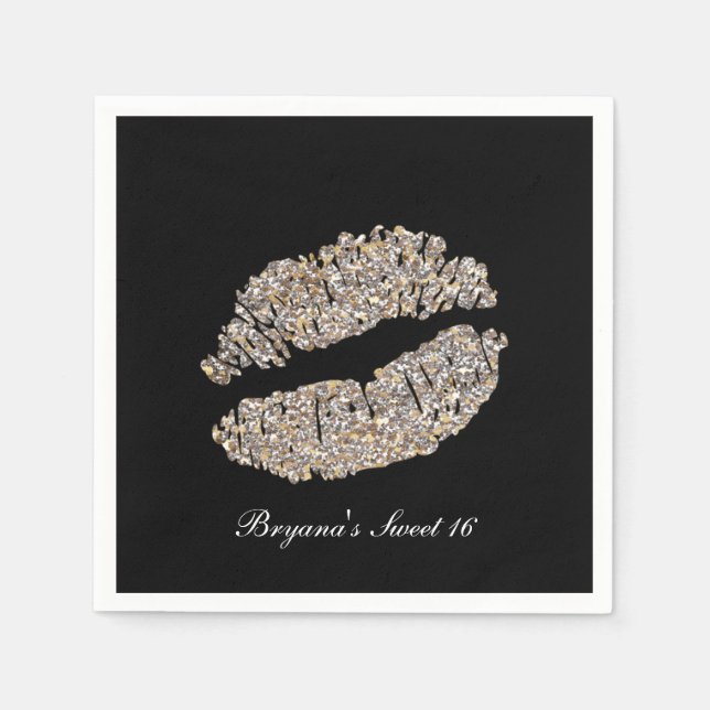 Silver Gold Lips Faux Sparkle Kiss Beauty Makeup Napkin (Front)