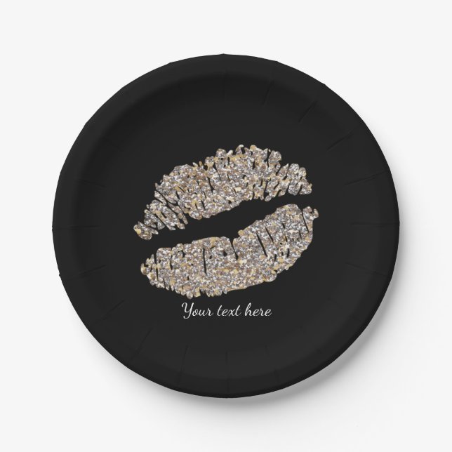 Silver Gold Lips Faux Sparkle Kiss Beauty Makeup Paper Plate (Front)