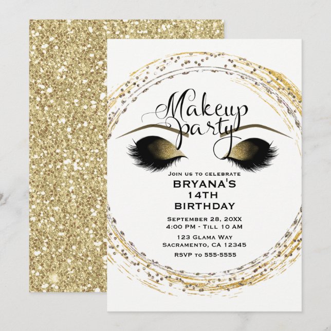 Silver & Gold Makeup Eyelashes Glam Beauty Party Invitation (Front/Back)