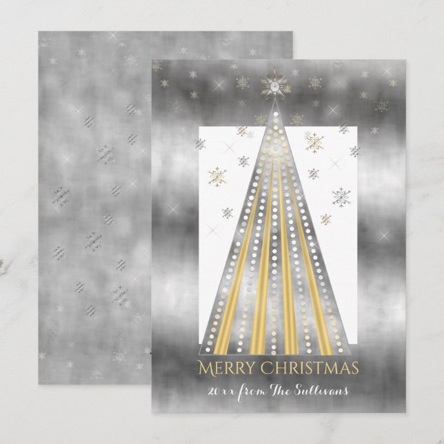 Silver | Gold Merry Christmas Tree | Snowflakes Holiday Card (Front/Back)