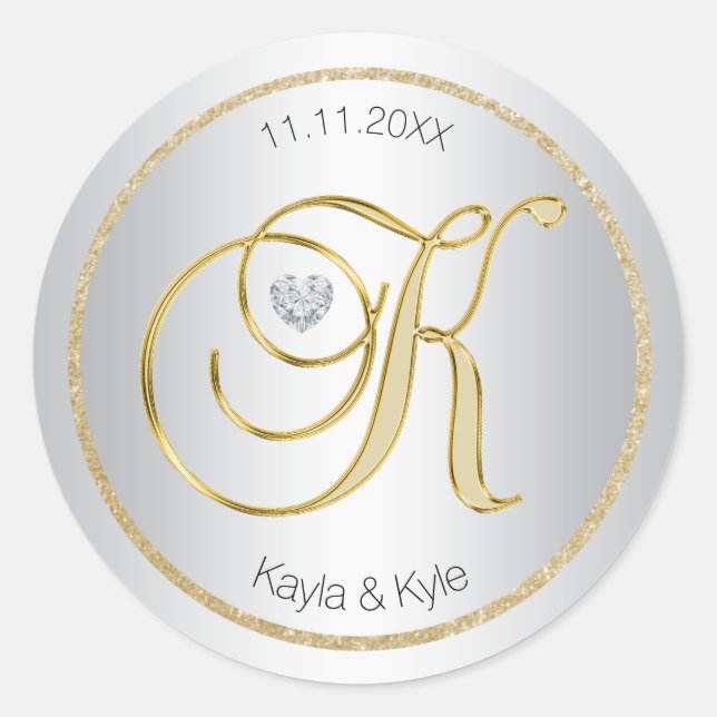 Silver Gold Monogram 'K' Wedding Envelope Seal (Front)