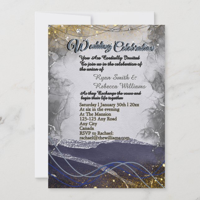 Silver Gold Navy Wedding Invitation Flat Card  (Front)