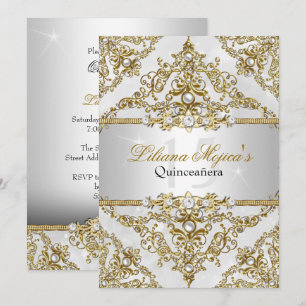 Silver & Gold Pearl Damask Quinceanera Invite