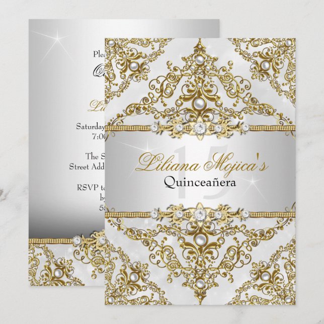 Silver & Gold Pearl Damask Quinceanera Invite (Front/Back)