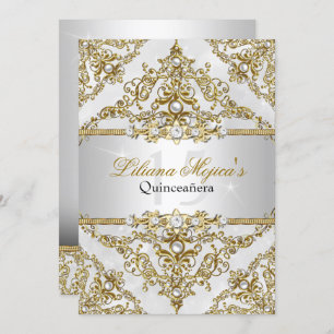 Silver & Gold Pearl Damask Quinceanera Invite
