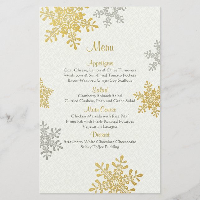 Silver Gold Pearl Snowflakes Winter Wedding Menu (Front)