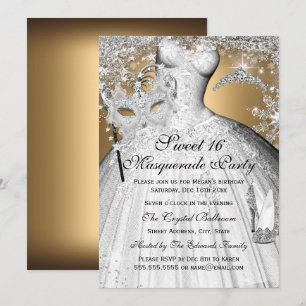 Silver Gold Princess Masquerade Sweet 16 Invite