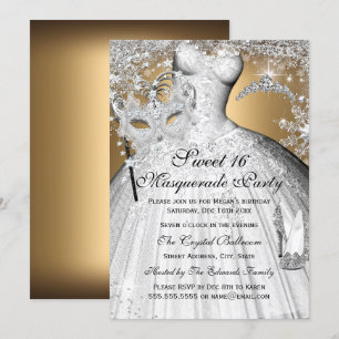 Silver Gold Princess Masquerade Sweet 16 Invite