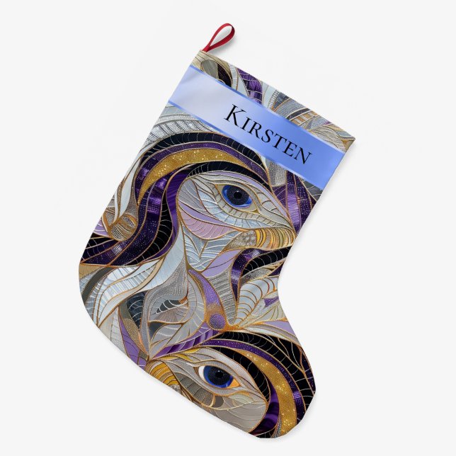 Silver Gold Purple Peacock Feathers Christmas Name Large Christmas Stocking (Front (Hanging))