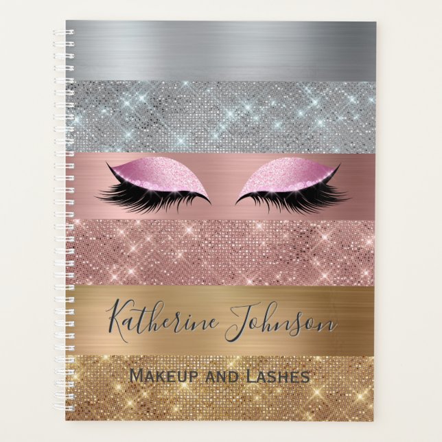 Silver Gold Rose Gold Glitter Stripes Beauty Salon Planner (Front)