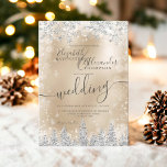 Silver gold snow pine Christmas winter wedding Invitation<br><div class="desc">Time to celebrate your winter wonderland wedding theme with this luxury silver glitter snowflakes sparkles and silver glitter pine tree forest on an elegant festive faux gold metallic background,  featuring a modern cool script font typography.</div>