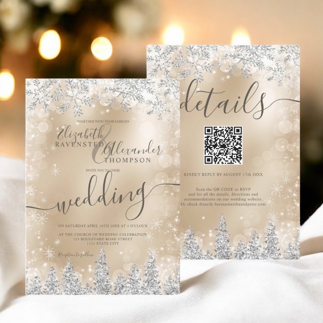 Silver gold snow pine Christmas winter wedding qr Invitation (Silver gold snow pine Christmas winter wedding qr Invitation)