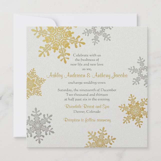 Silver Gold Snowflake Square Winter Wedding Invitation (Front)