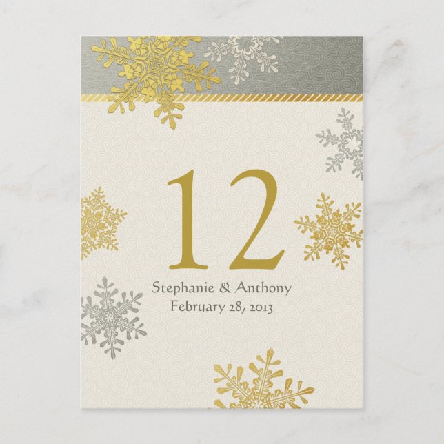 Silver Gold Snowflake Winter Wedding Table Card (Front)