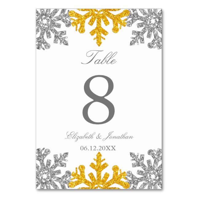 Silver Gold Snowflake Winter Wedding Table Number (Front)