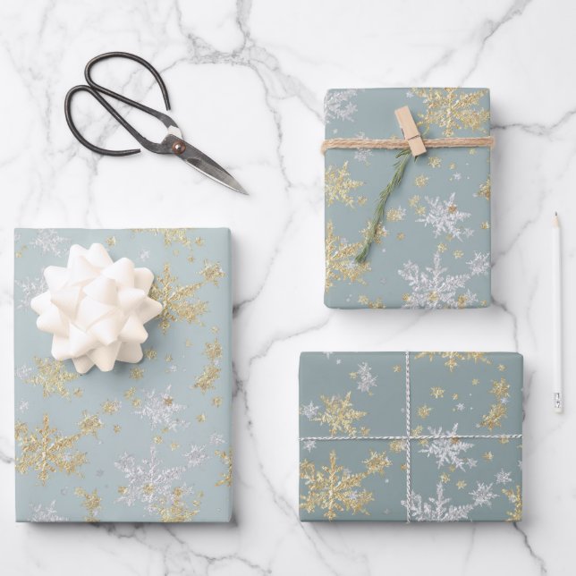 Silver & Gold Snowflakes Tones Of Slate Green Wrapping Paper Sheet (Front)