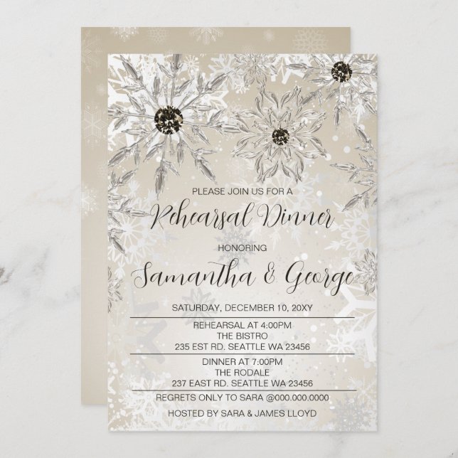 Silver Gold Snowflakes Winter Rehearsal Dinner  Invitation (Front/Back)