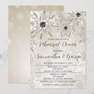 Silver Gold Snowflakes Winter Rehearsal Dinner  Invitation