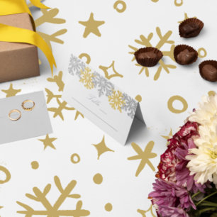 Silver Gold Snowflakes Winter Wedding Place Card