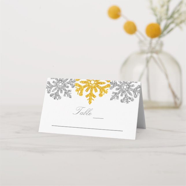 Silver Gold Snowflakes Winter Wedding Place Card (Front)