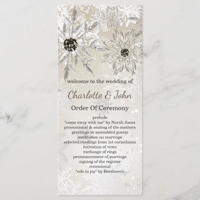 silver gold snowflakes winter wedding programs programme (Front)