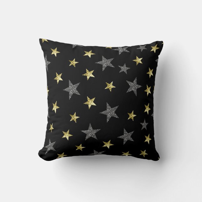 Silver & Gold Stars Black Hollywood Star Glam Cushion (Front)