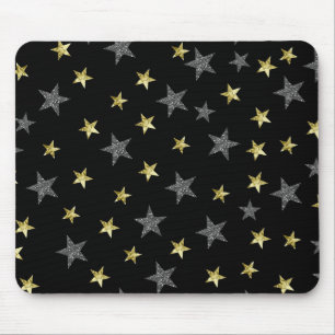 Silver & Gold Stars Black Hollywood Star Glam Mouse Mat