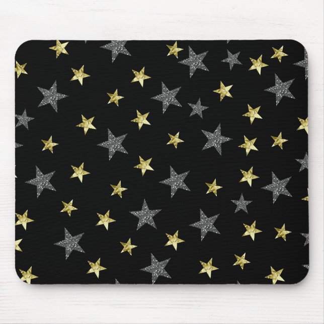 Silver & Gold Stars Black Hollywood Star Glam Mouse Mat (Front)