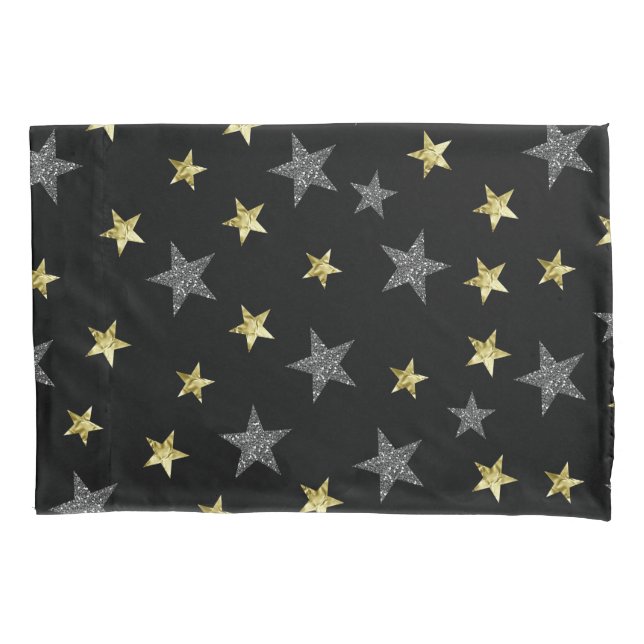 Silver & Gold Stars Black Hollywood Star Glam Pillowcase (Front)