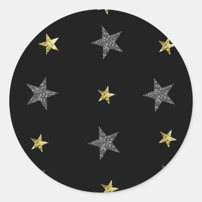 Silver & Gold Stars Black Hollywood Star Party Classic Round Sticker (Front)