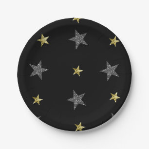 Silver & Gold Stars Black Hollywood Star Party Paper Plate