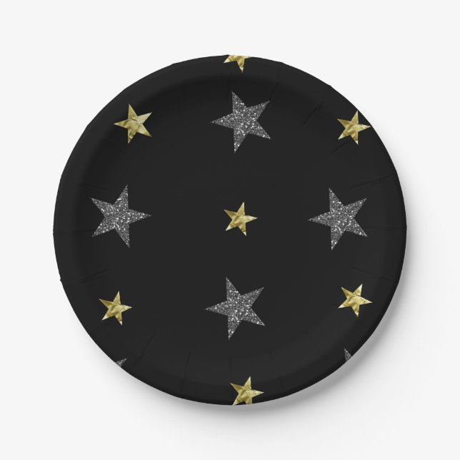 Silver & Gold Stars Black Hollywood Star Party Paper Plate (Front)