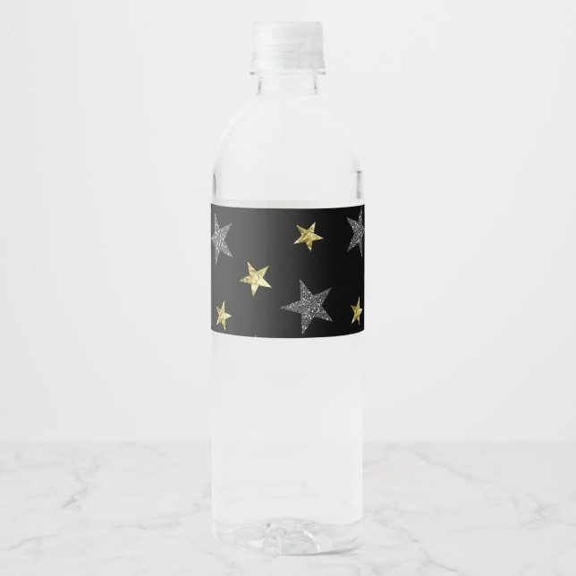 Silver & Gold Stars Black Hollywood Star Party Water Bottle Label (Front)