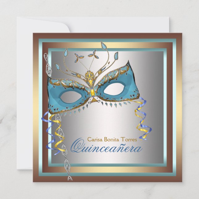 Silver Gold Teal Masquerade Party Invitation (Front)