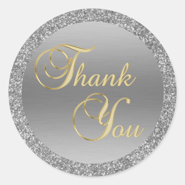 Silver Gold Thank you Glitter Foil Classic Round Sticker (Front)