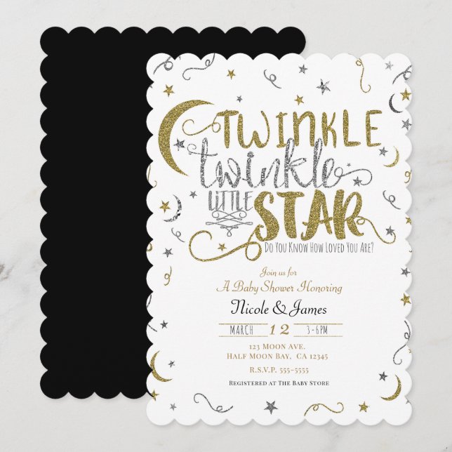 Silver & Gold Twinkle Little Star Baby Shower Invitation (Front/Back)