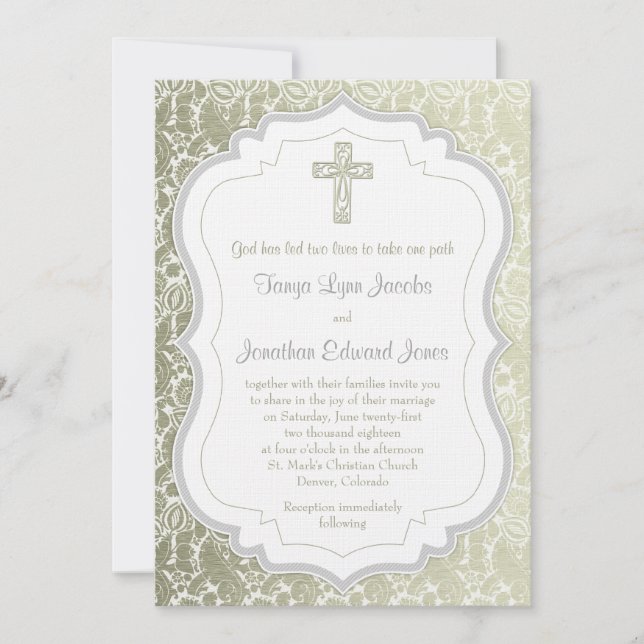 Silver Gold Vintage Damask Cross Christian Wedding Invitation (Front)