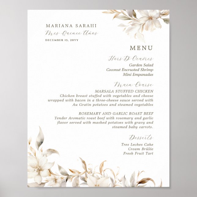 Silver Gold White Floral Quinceanera Birthday Menu Poster (Front)