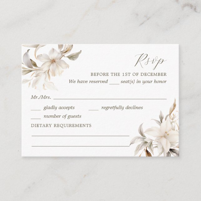 Silver, Gold & White Floral Quinceañera RSVP Enclosure Card (Front)