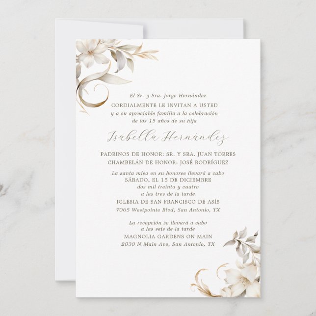 Silver, Gold & White Floral Spanish Quinceañera  Invitation (Front)
