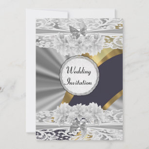Silver gold white vintage lace  wedding invitation