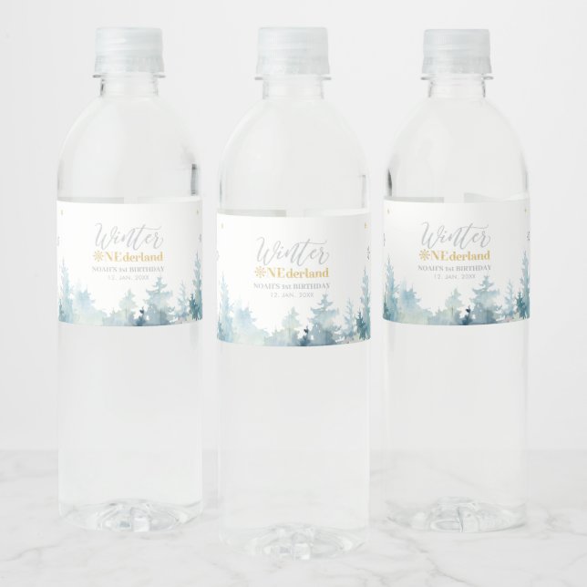 Silver & Gold Winter Wonderland 1st Birthday Party Water Bottle Label (Bottles)