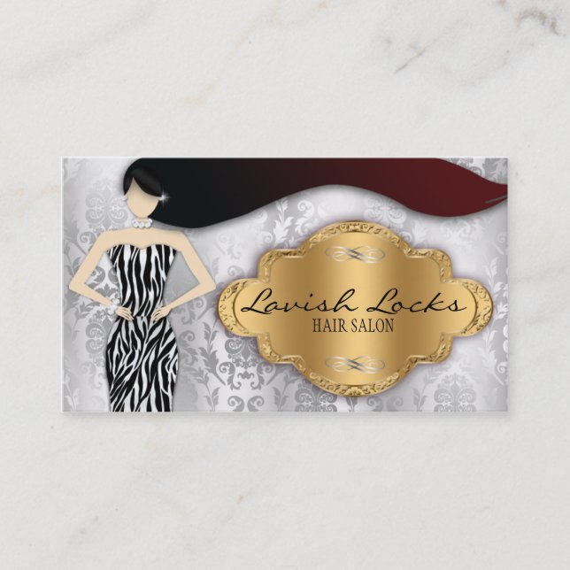 Silver Gold Zebra Damask Hair Stylist Salon Business Card (Front)