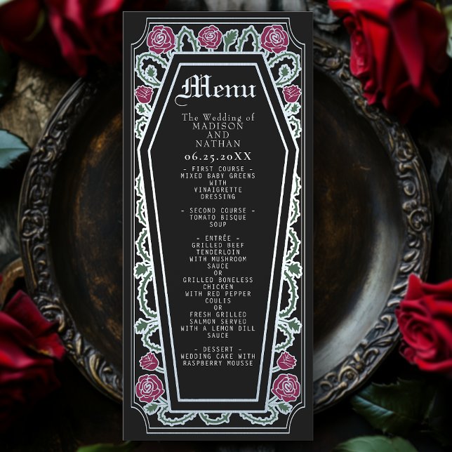 Silver Gothic Coffin Rose Black Wedding Menu (Creator Uploaded)