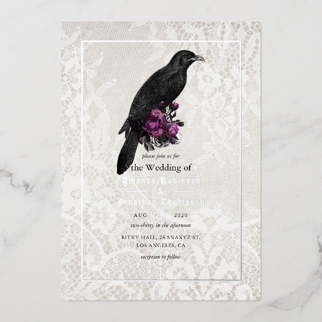 Silver Gothic Floral Wedding Foil Invitation (Front)