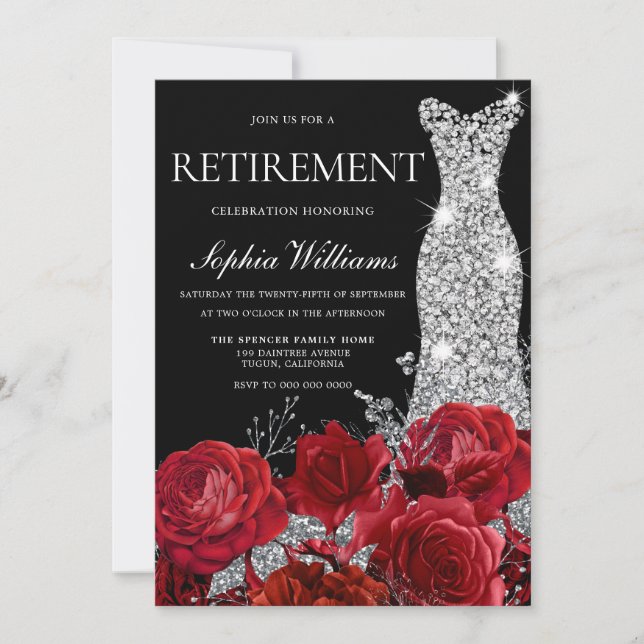 Silver Gown Red Roses Black Retirement Party Invitation (Front)
