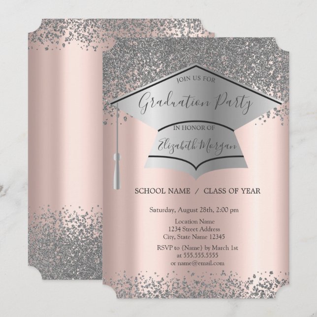 Silver Grad Cap,Diamonds Rose Gold Graduation Invitation (Front/Back)